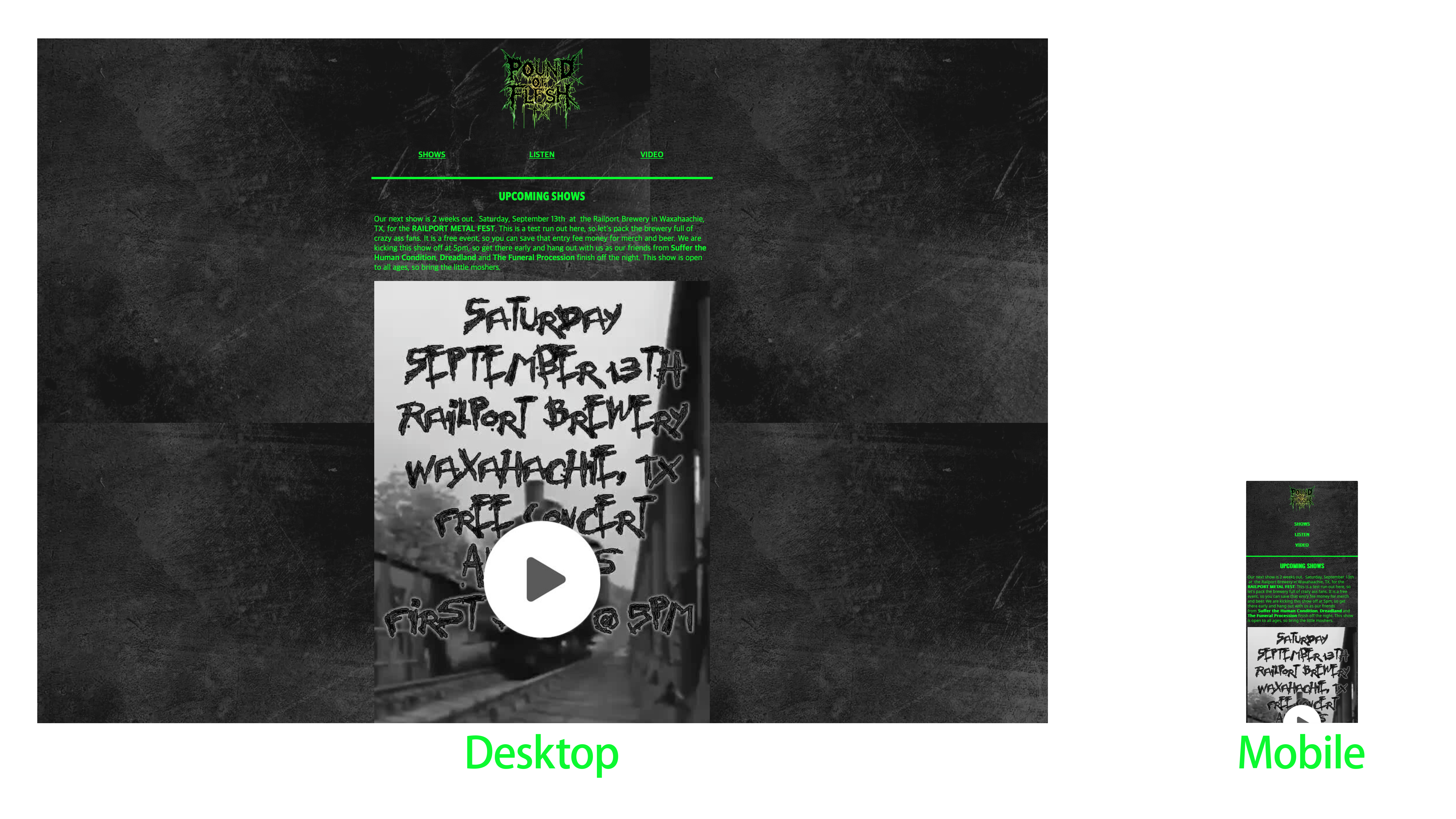 Dark, gritty background with the band logo and direct links to the shows page, Spotify, and YouTube channel.